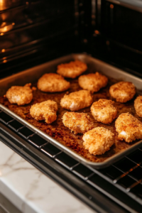 This image shows chicken nuggets baking inside the oven