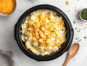 cheesy-potatoes-garnished-with-cilantro-and-and-cheese-crackers in a black crockpot