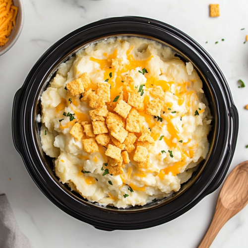 cheesy-potatoes-garnished-with-cilantro-and-and-cheese-crackers in a black crockpot