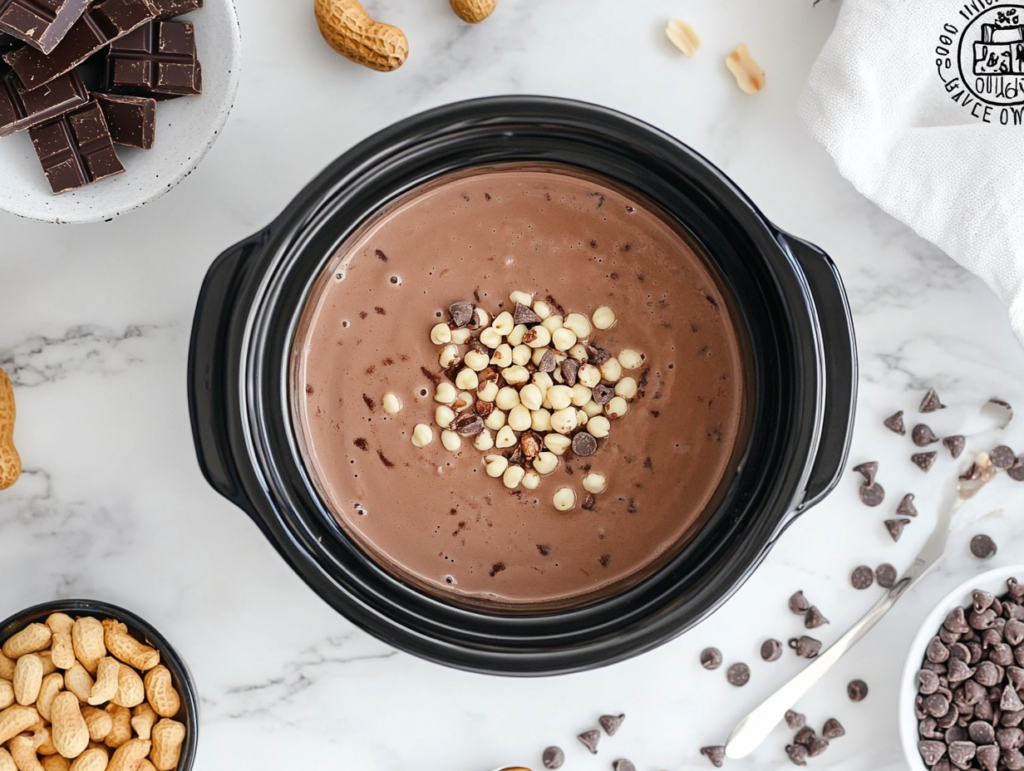 this image shows crockpot-hot-chocolate in a black bowl with nuts on top