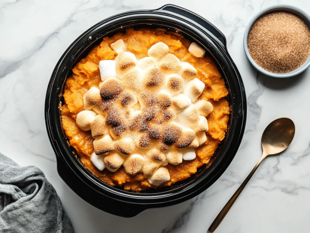 crockpot-sweet-potato-with-marshmallows-on-top ready to be served for dinner or lunch