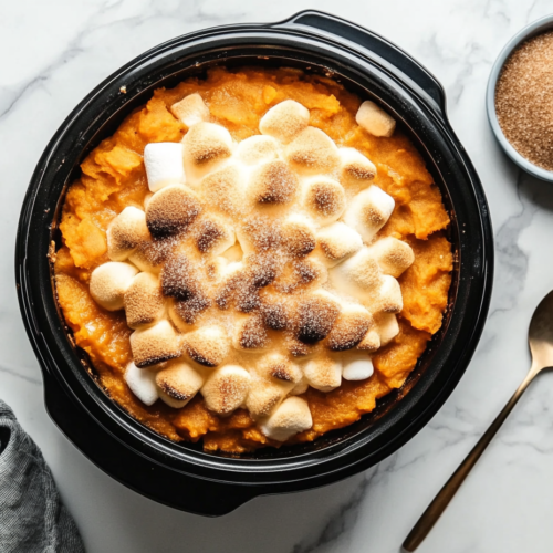 crockpot-sweet-potato-with-marshmallows-on-top ready to be served for dinner or lunch