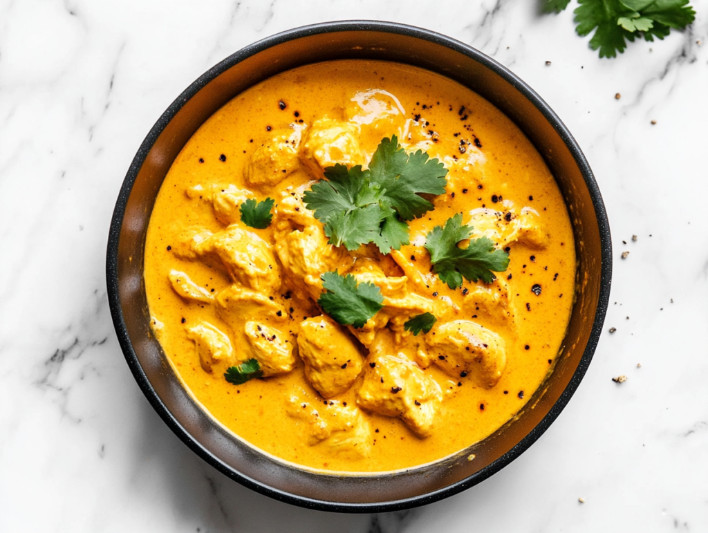 This image shows keto butter chicken curry garnished with fresh cilantro, served in a bowl