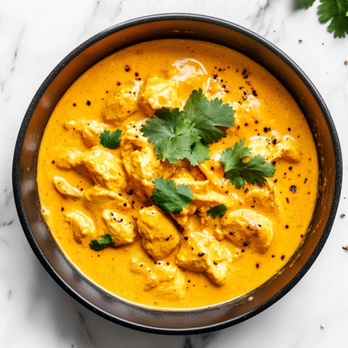 This image shows keto butter chicken curry garnished with fresh cilantro, served in a bowl