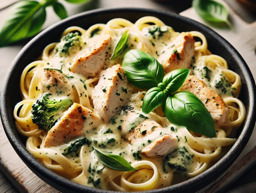 keto-chicken-alfredo-recipe-garnished-with-basil-leaf-in-a-black-bowl