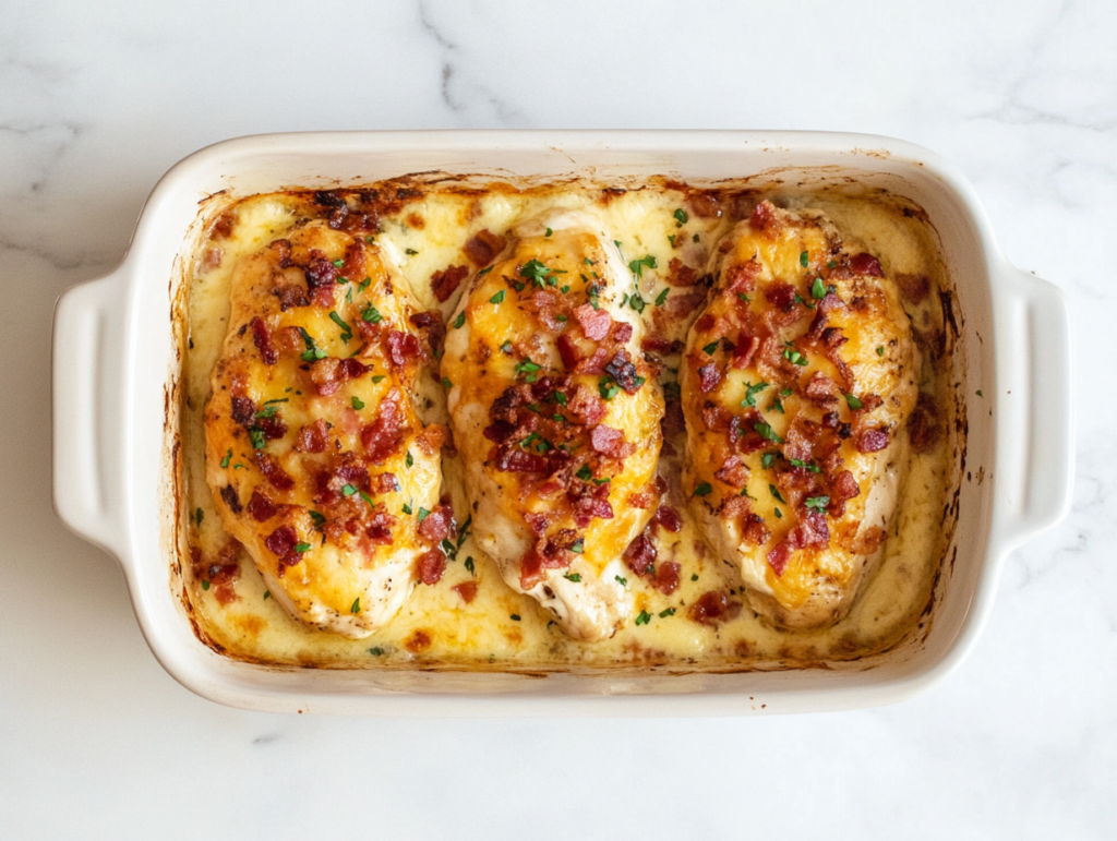 This image shows keto chicken breasts in a casserole garnished with fresh cilantro.