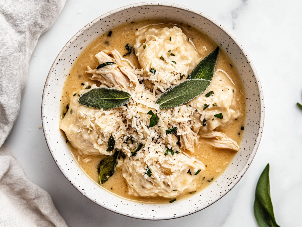 This image shows a bowl of keto chicken dumplings garnished with fresh herbs. ready to be served for dinners and lunches