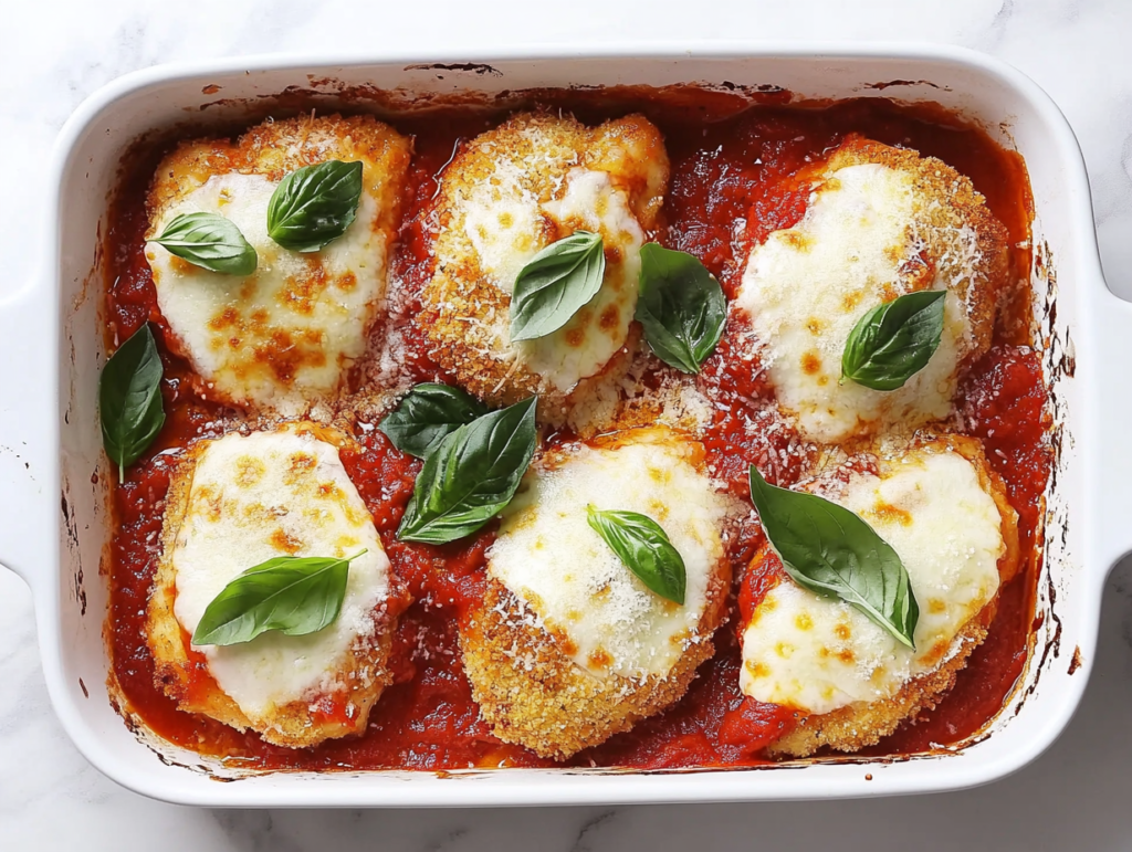 This image shows keto chicken parmesan beautifully garnished with fresh basil leaves, ready to serve.