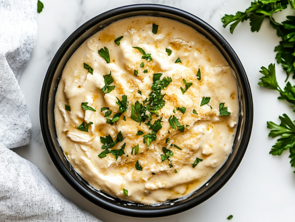 This image shows Keto Crockpot Chicken Alfredo garnished with fresh cilantro