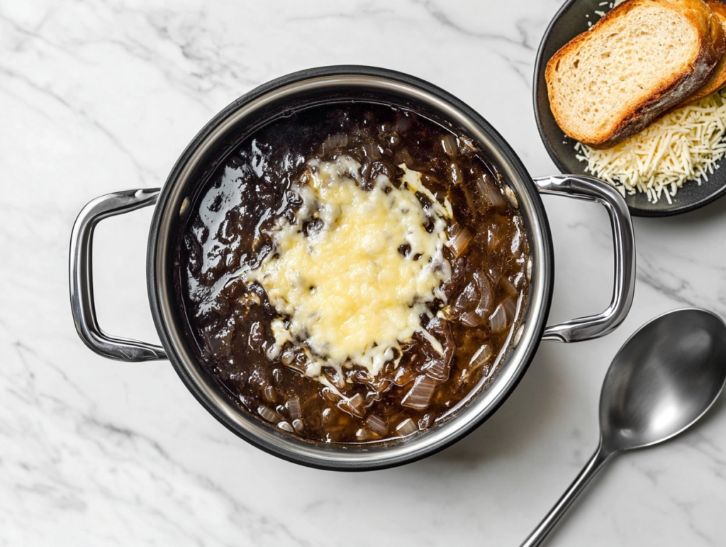 keto-french-onion-soup-with-melted-cheese-on-top-in-crockpot ready to be served