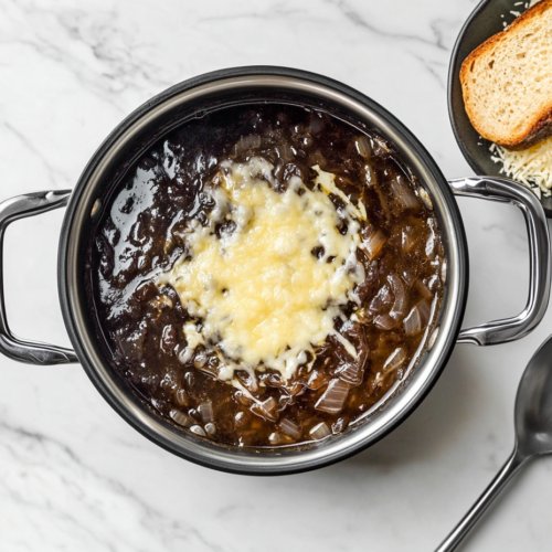 keto-french-onion-soup-with-melted-cheese-on-top-in-crockpot ready to be served