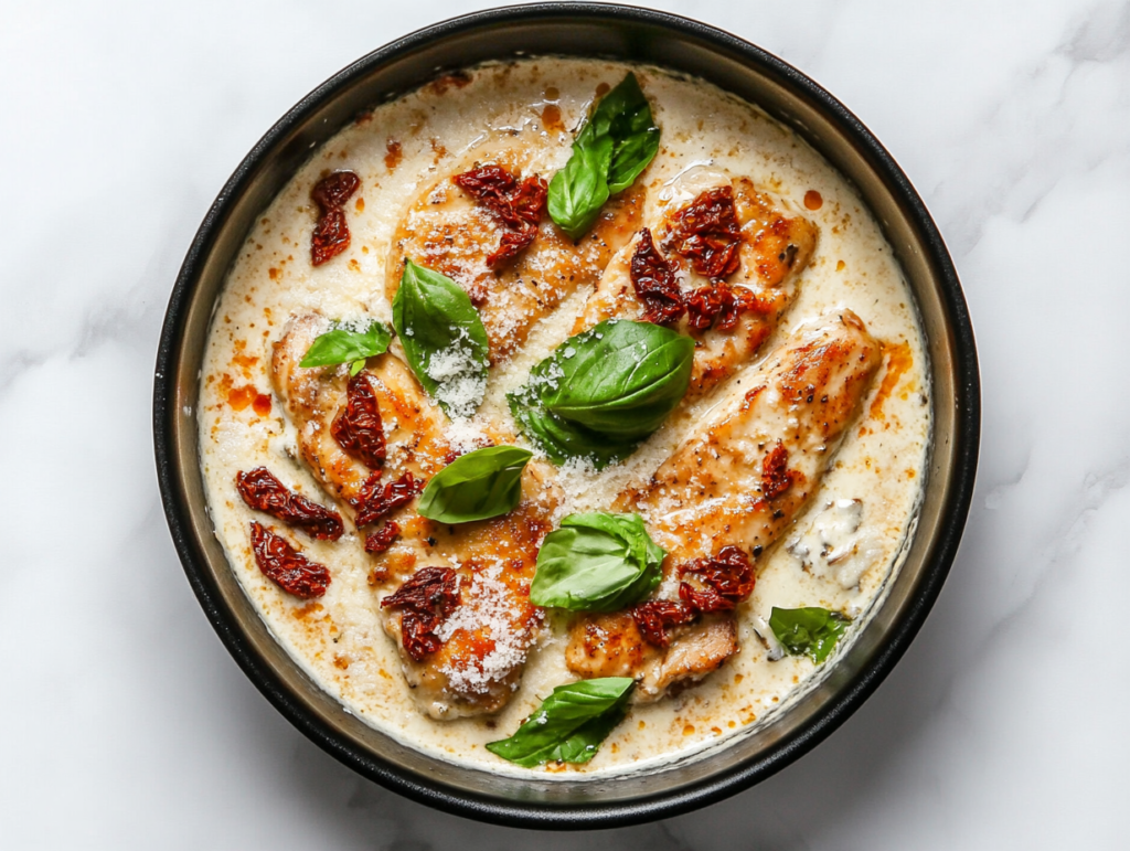 This image shows Keto Marry Me Chicken garnished with shredded cheese and basil