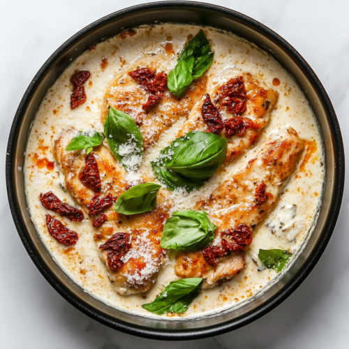 This image shows Keto Marry Me Chicken garnished with shredded cheese and basil