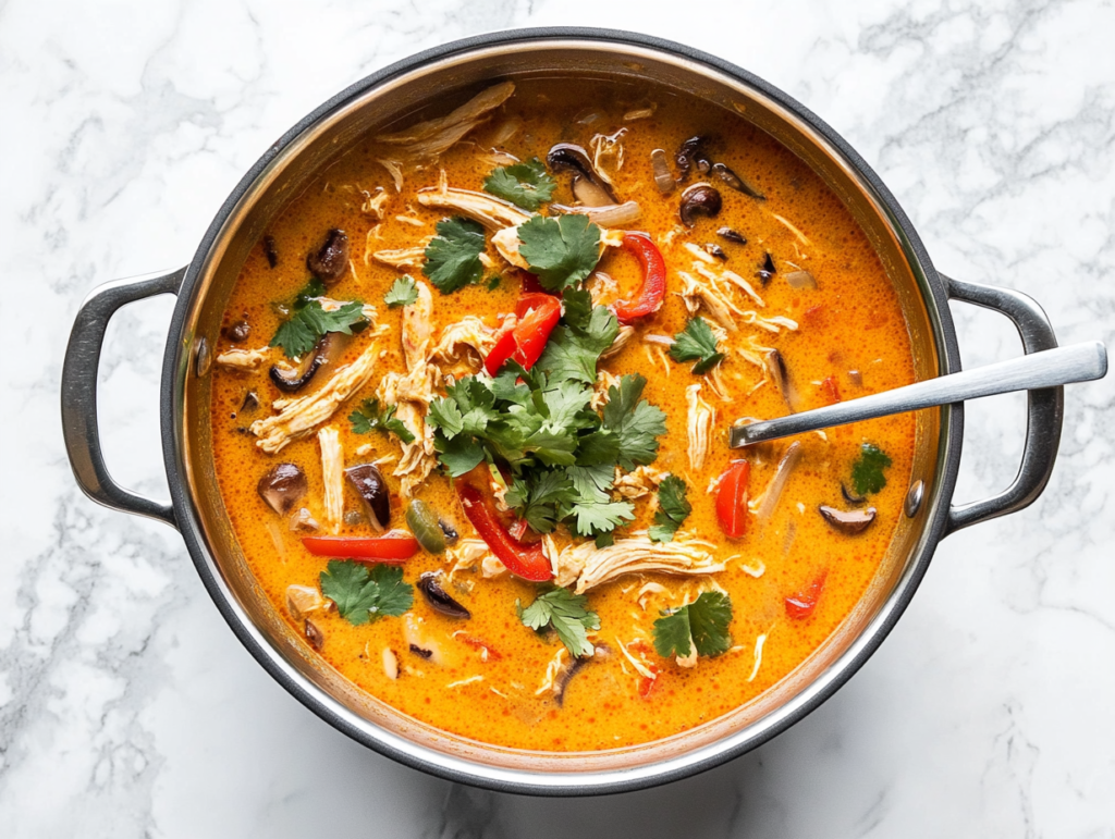 keto-thai-curry-chicken-soup-garnished-with-tomato-and-cilantro ready to served for dinner