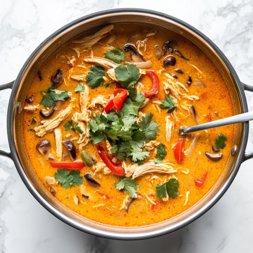 keto-thai-curry-chicken-soup-garnished-with-tomato-and-cilantro ready to served for dinner