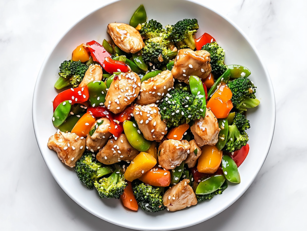 This image shows keto crockpot crack chicken garnished with sesame seeds, served in a bowl.