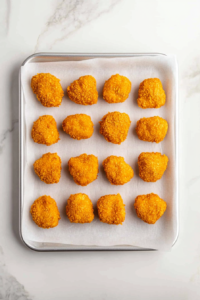 This image shows breaded chicken pieces arranged on a baking tray lined with parchment paper.