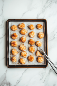 This image shows a tray of baked chicken nuggets cooling after being removed from the oven.