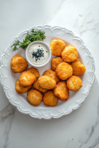 This image shows the finished chicken nuggets served with a keto-friendly dipping sauce.