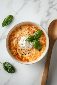 serve-with-a-topping-of-ricotta in a white bowl garnished with basil leaf