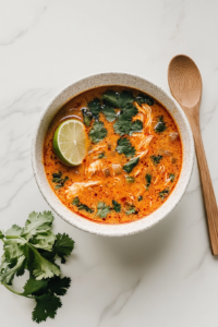 serving-the-soup-with-cilantro-and-half-cut-lemon in a white bowl with a spoon