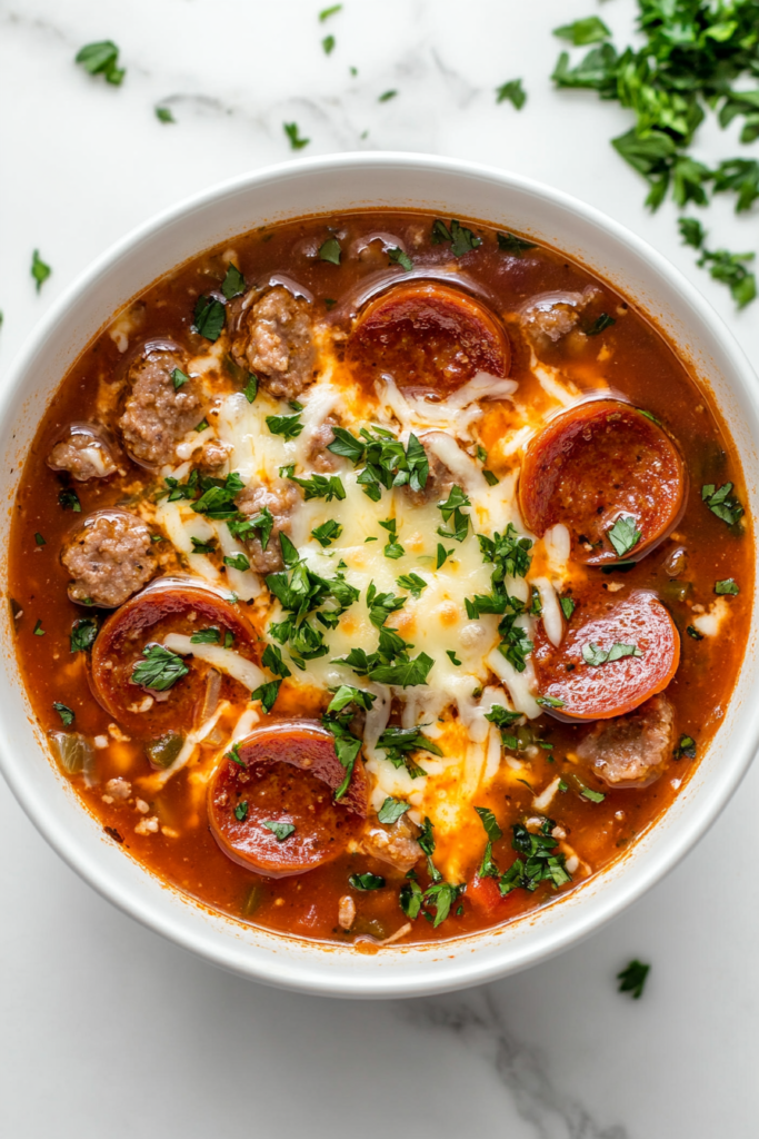 slow-cooker-italian-sausage-pizza-soup-topped-with-pepperoni-and-melted-cheese