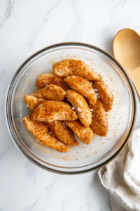 This image shows chicken breasts sprinkled with salt, pepper, and dried Italian herbs