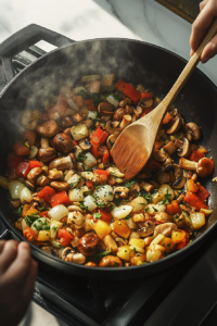 stir-in-mushrooms-and-garlic to toss the vegetables so that they absorb the flavour of the garlic