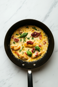 This image shows sour cream or heavy cream, Parmesan cheese stirred in and garnished with basil leaves