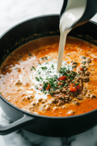 stirring-in-heavy-cream-in-the-broth to make it thicker and creamier