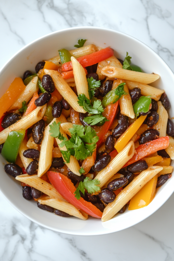 This image shows black bean fajita pasta served in a white bowl, garnished with fresh cilantro for a flavorful and vibrant presentation.