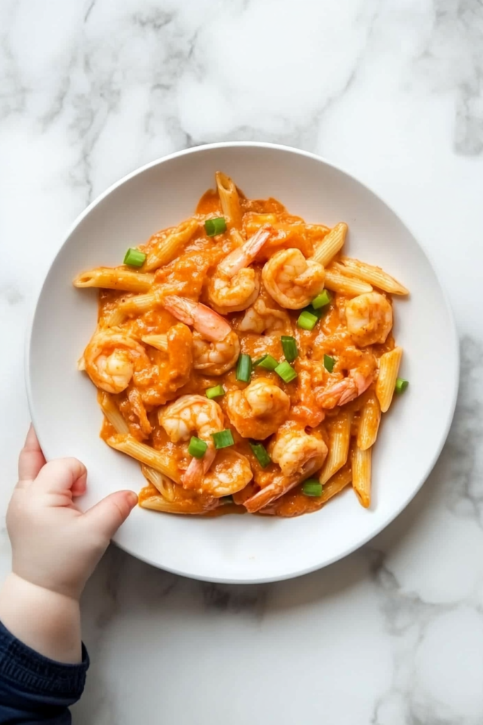 This image shows a flavorful Cajun shrimp pasta garnished with chopped green onions for a pop of freshness and color.