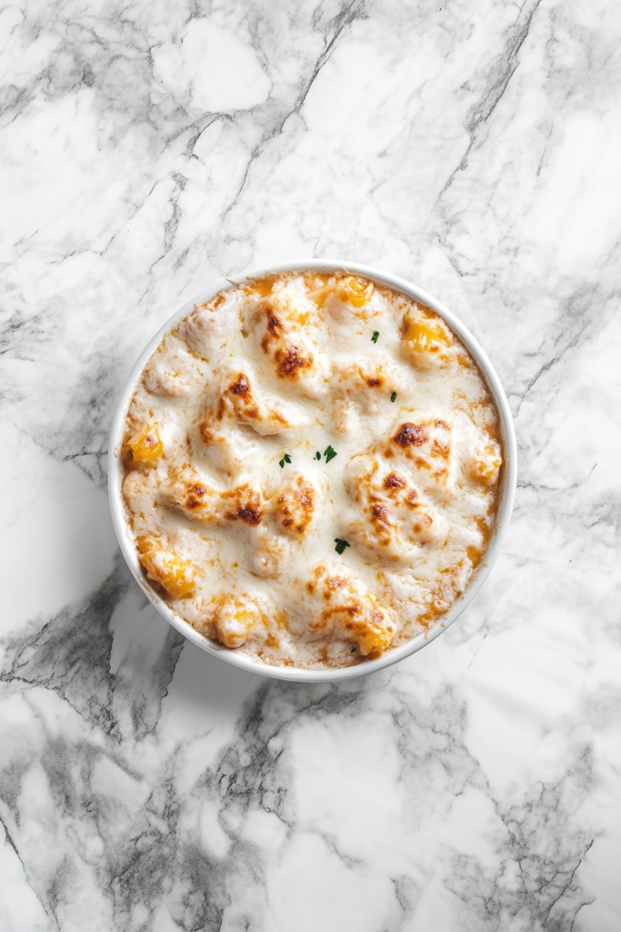 This image shows a hearty baked ziti served in a white bowl, topped with torched cheese for a golden and delicious finish.