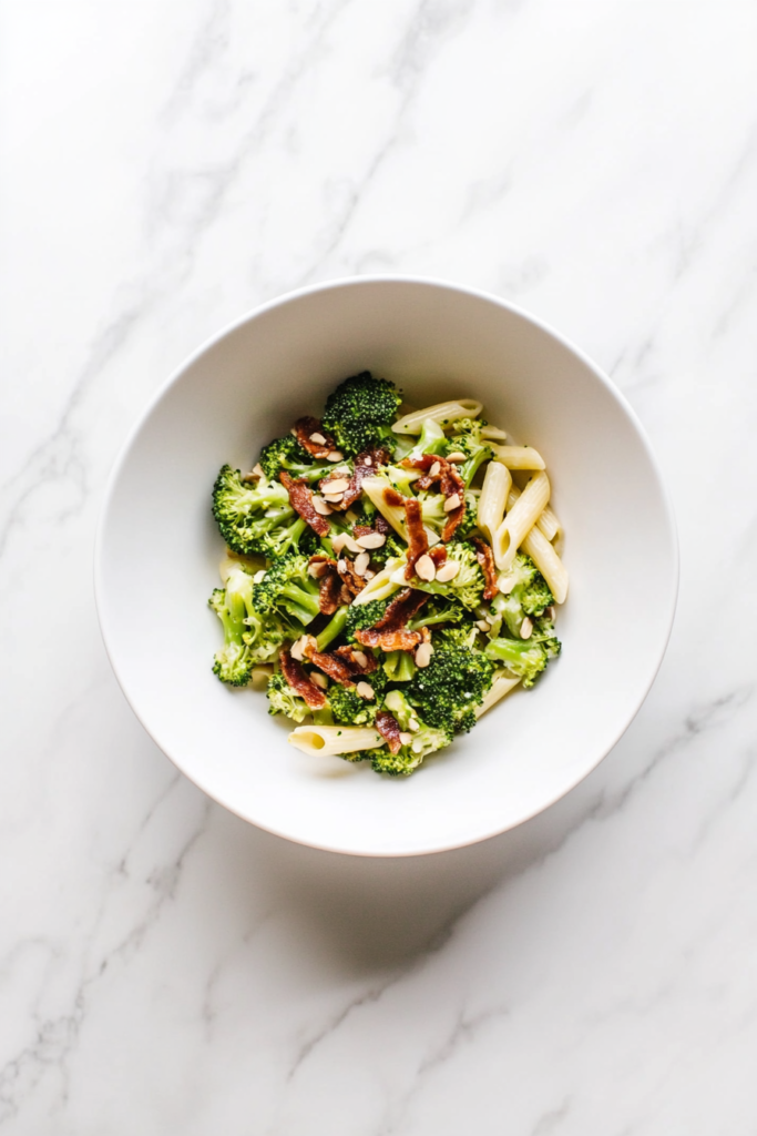 This image shows a creamy Tuscan pesto and artichoke pasta served in a white bowl, accompanied by fresh broccoli.