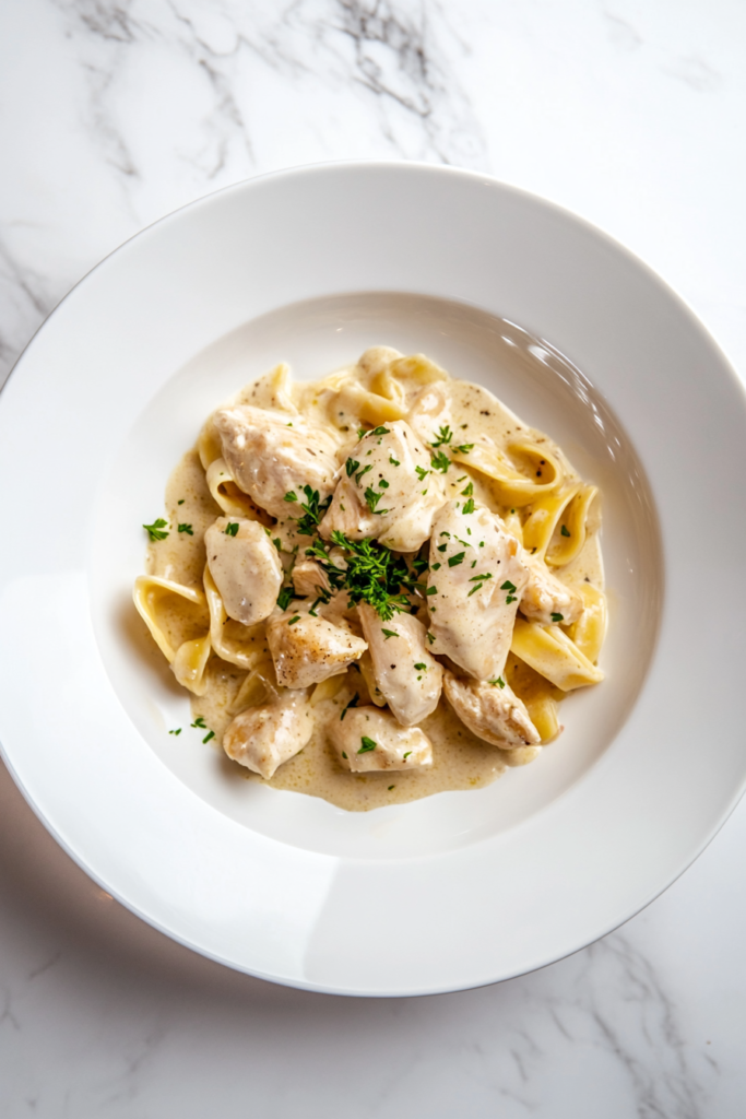 This image shows creamy white wine chicken pasta served on a white plate, topped with fresh cilantro for a delicious finish.