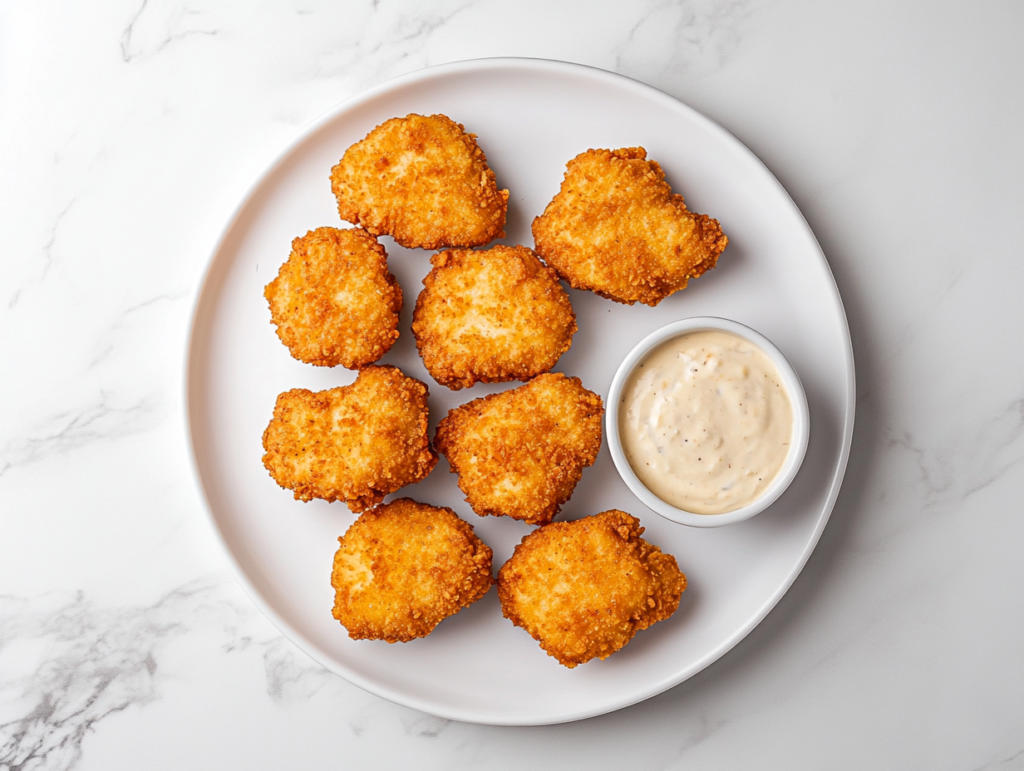 This image shows a plate of crispy keto chicken nuggets on a white plate.