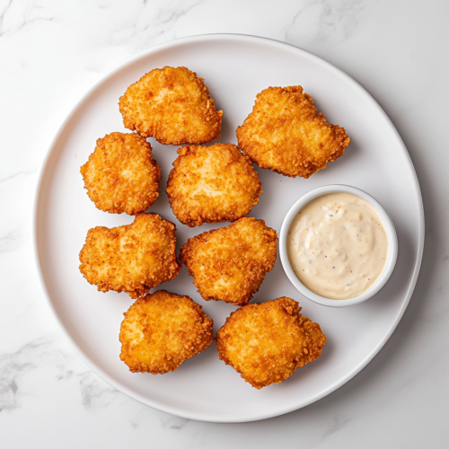 This image shows a plate of crispy keto chicken nuggets on a white plate.