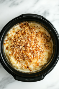 crockpot-cheesy-potatoes-being-garnish-with-cheese-crackers-on-top to make it extra cheesy and crunchy