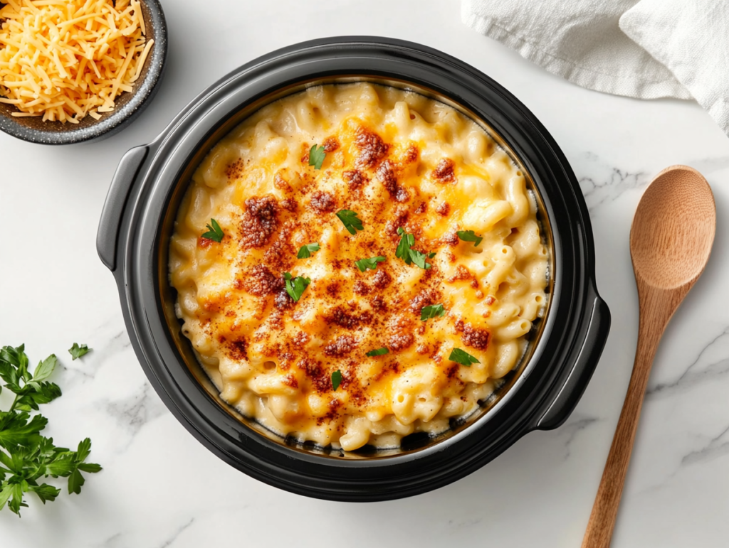 crockpot-macaroni-and-cheese-ready-to-be-served garnished with cilantro