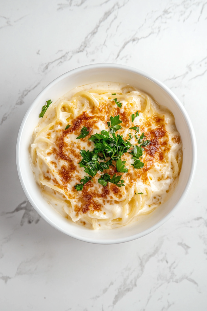 This image shows a bowl of crockpot million dollar pasta, garnished with fresh cilantro for a vibrant and inviting presentation.