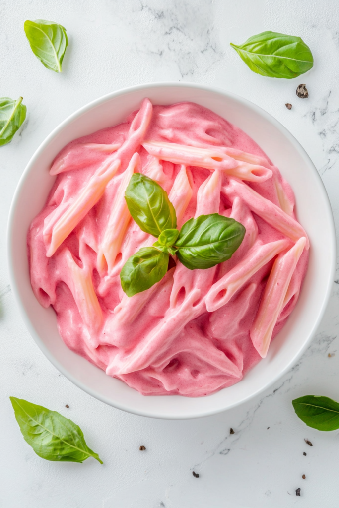 This image shows a creamy crockpot pink sauce pasta served on a white plate, garnished with a fresh basil leaf.