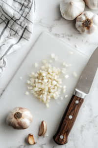 This image shows onion and garlic being diced on a cutting board.