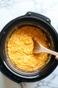 hash-brown-potatoes-and-cheddar-cheese-being-stirred-in-crockpot for proper mixing of the ingredients