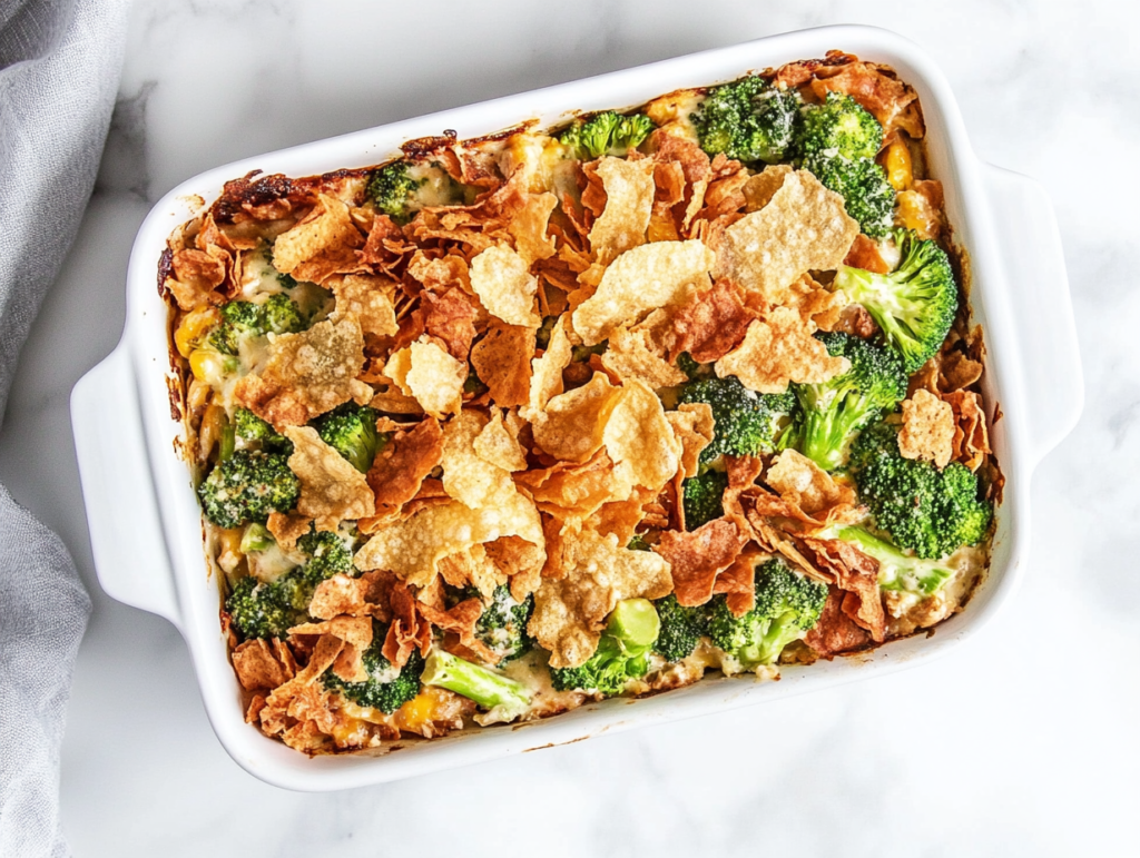 This image shows the baked dish served hot with steamed broccoli arranged on top as a garnish.