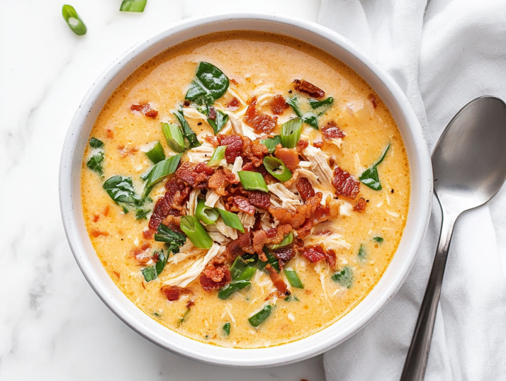 keto-crack-chicken-in-a-white-bowl-with-spring-onions-on-top ready to be served