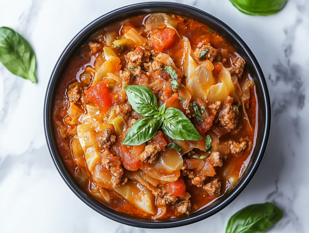 this image shows keto-crockpot-goulash-garnished-with-basil-leaf in a black bowl