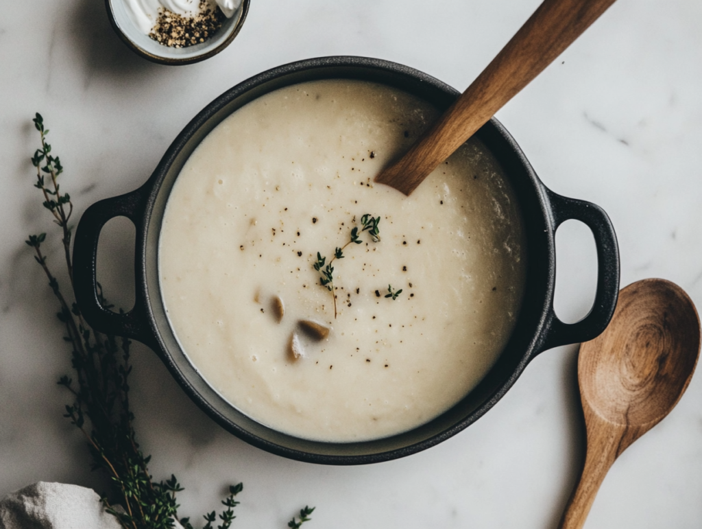 keto-mushroom-soup-garnished-with-cilantro in a crockpot ready to be served