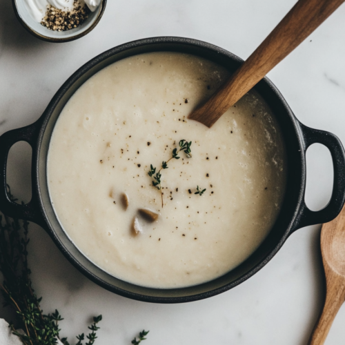 keto-mushroom-soup-garnished-with-cilantro in a crockpot ready to be served