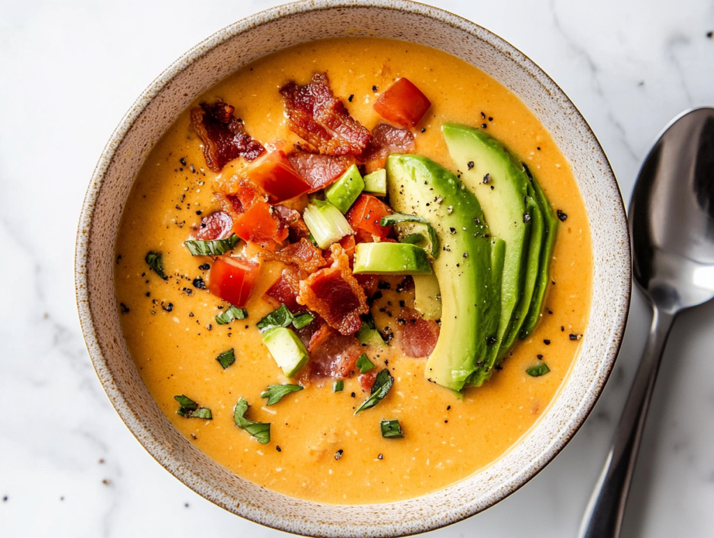 keto-queso-soup-recipe-with-chopped-avocado-and-tomatoes-on-the-top ready to be served for dinner or lunch