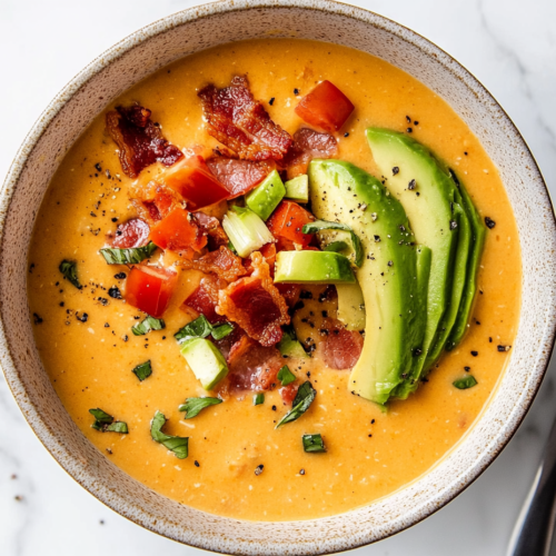 keto-soup-recipe-with-chopped-avocado-and-tomatoes-on-the-top ready to be served for dinner or lunch